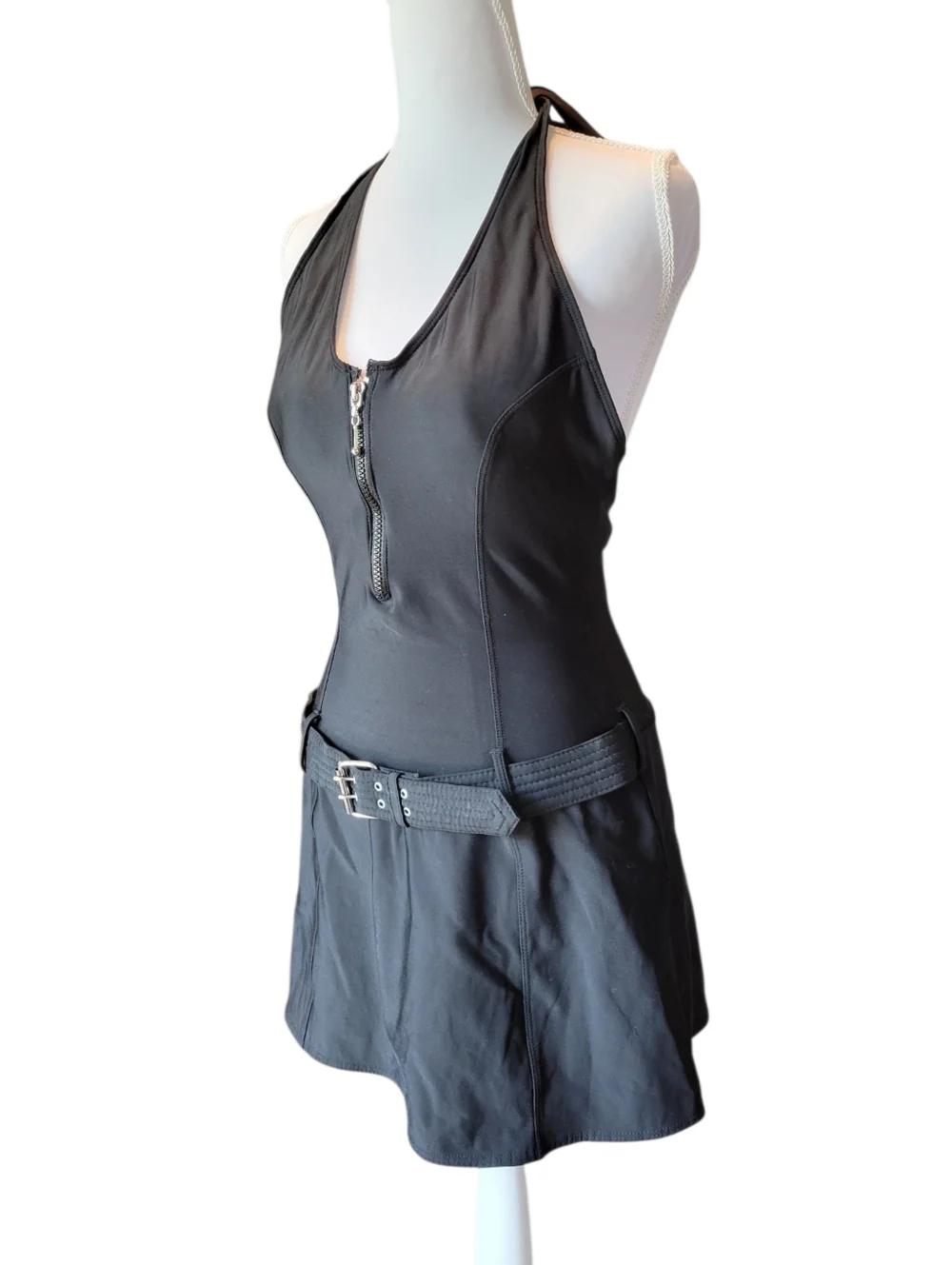 Shape FX Swim Black One Piece Belted Skirted Halter Top Swimsuit